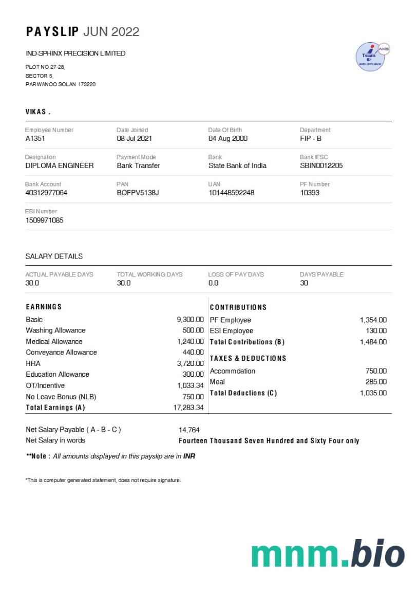 Ind-Sphinx Precision (producent narzędzi) szablon odcinka wypłaty w formatach Word i PDF